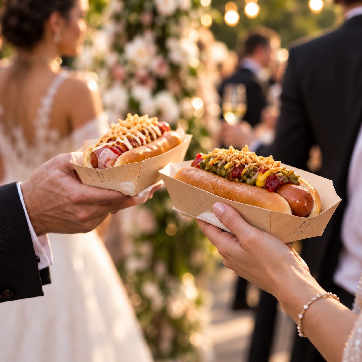 Invitados brindando con hot dogs en una boda