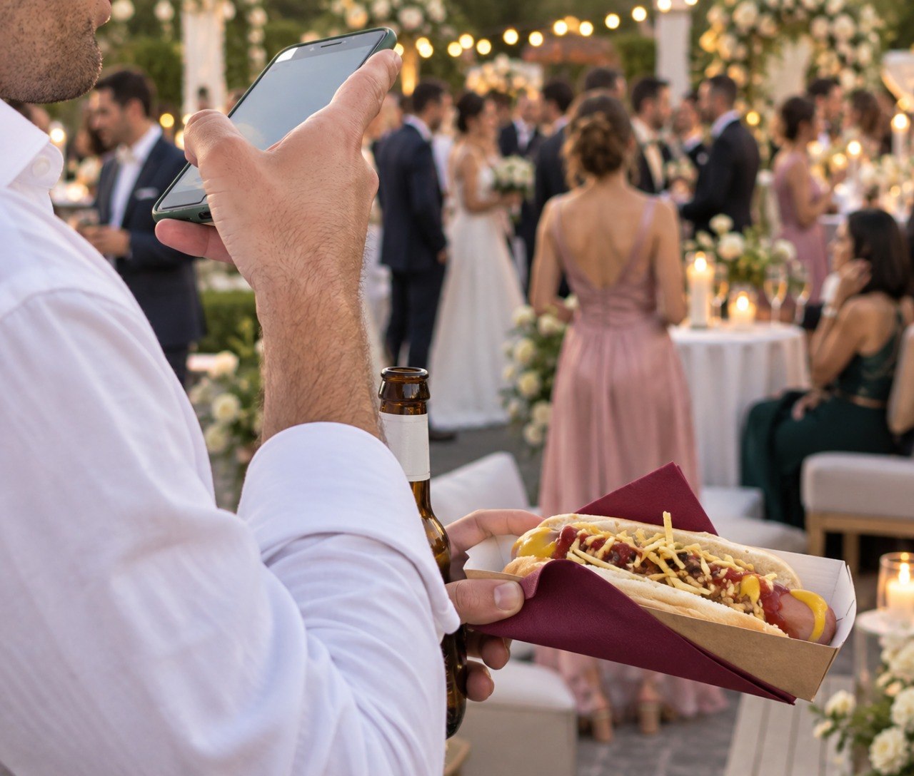 Invitado disfrutando de un hot dog durante la celebración