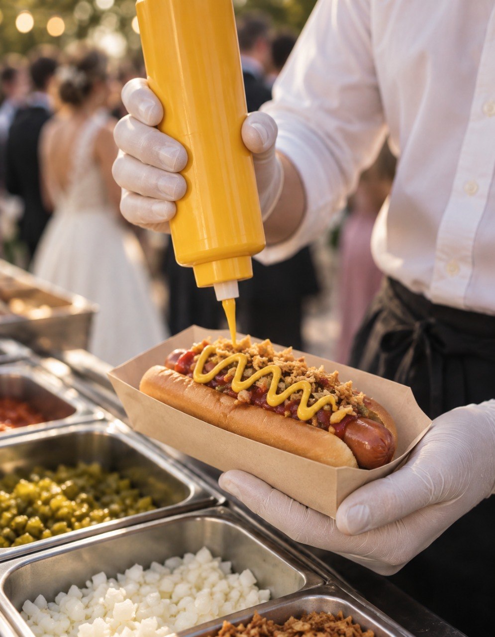 Preparación de un hot dog con ingredientes y mostaza