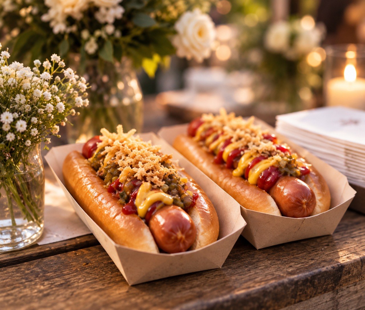 Hot dogs preparados y presentados junto a flores