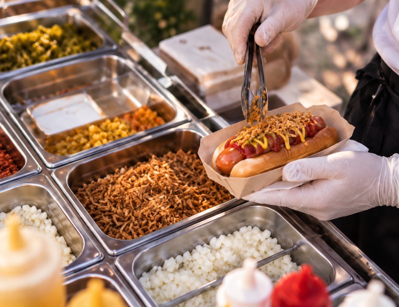 Hot dog recién preparado con ingredientes crujientes