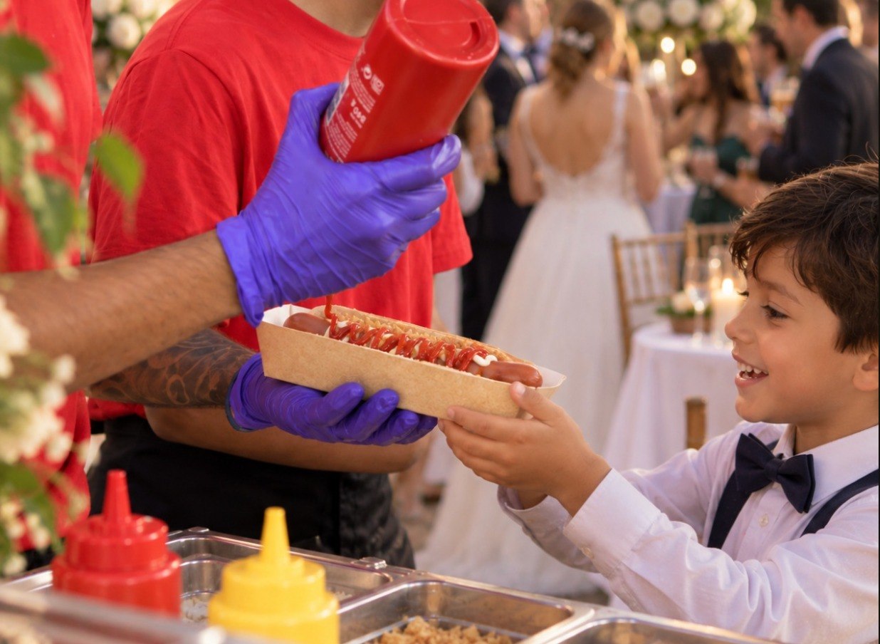 Niño recibiendo un hot dog recién preparado en una boda