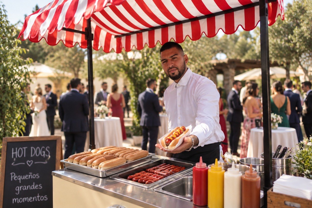 Servicio del carrito vintage de hot dogs durante una boda